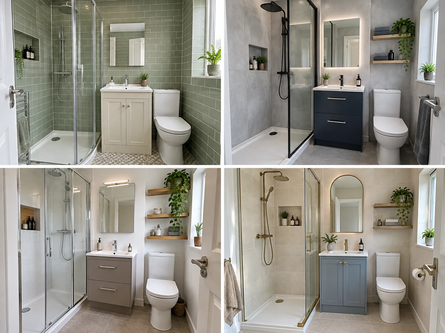 Compact shower room with ivory tiles, dusty blue vanity, brushed brass fittings